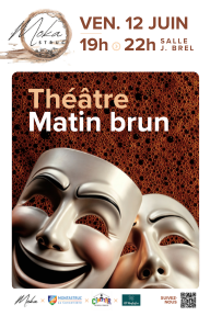 affiche avec deux masques de théâtre illustrant l'animation théâtre matin brun